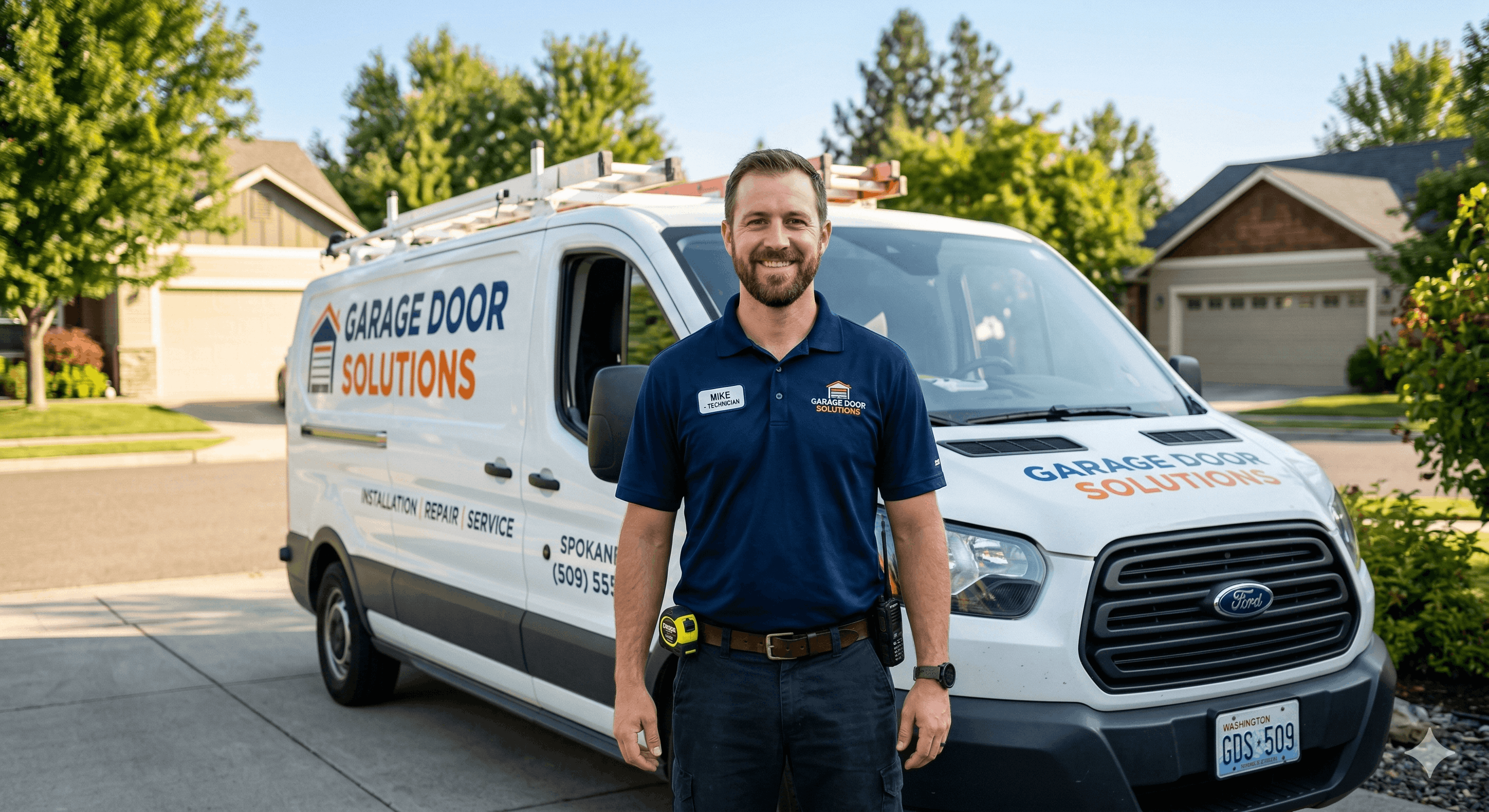 James and the Garage Door Solutions team in front of a marked GDS service truck in Spokane, WA