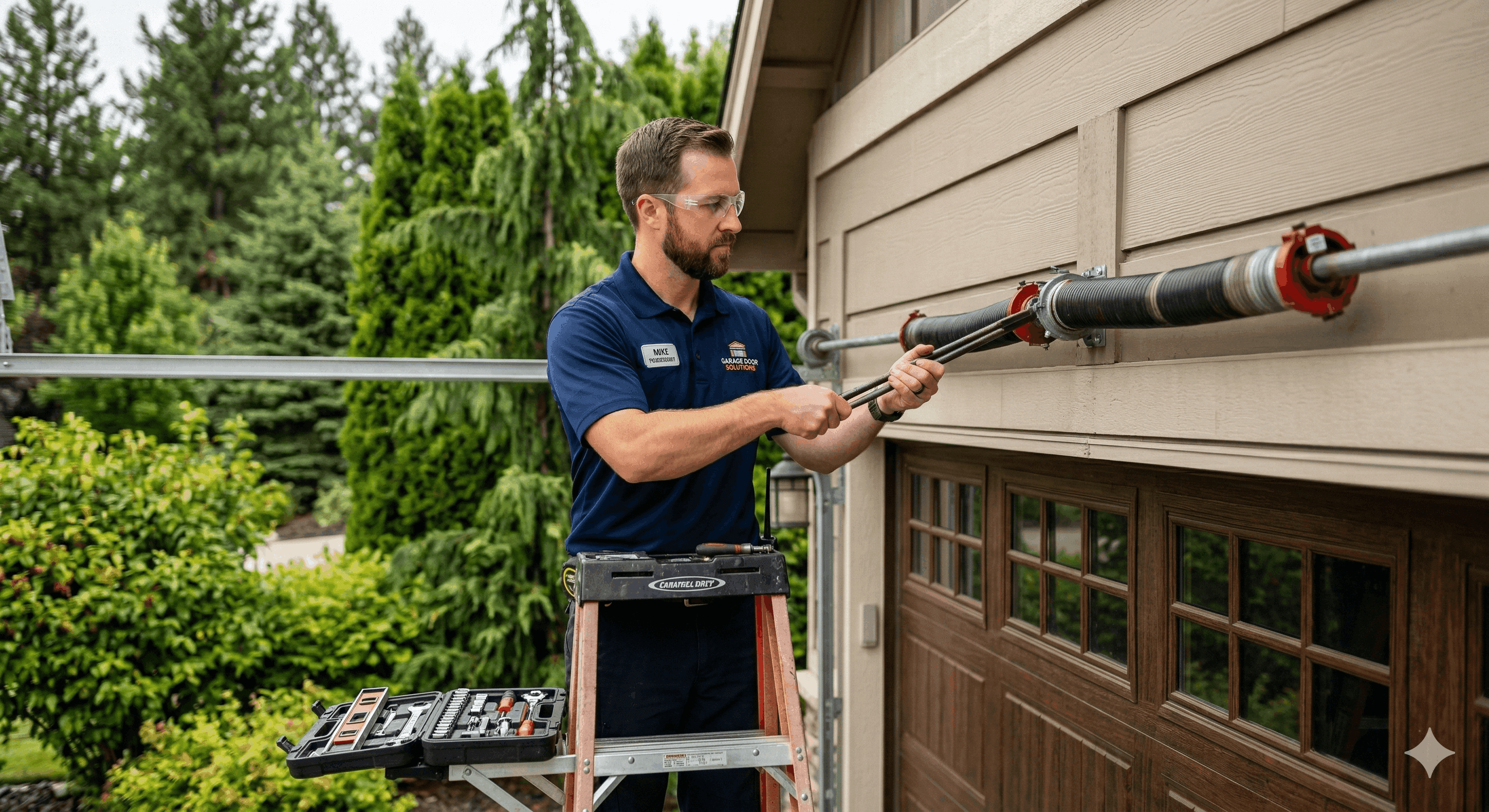 James from Garage Door Solutions repairing a torsion spring on a residential garage door in Spokane