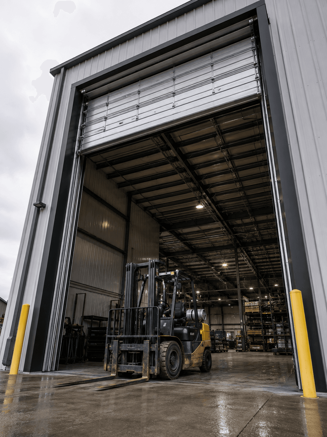 Large commercial door raised to clear a forklift — GDS commercial install