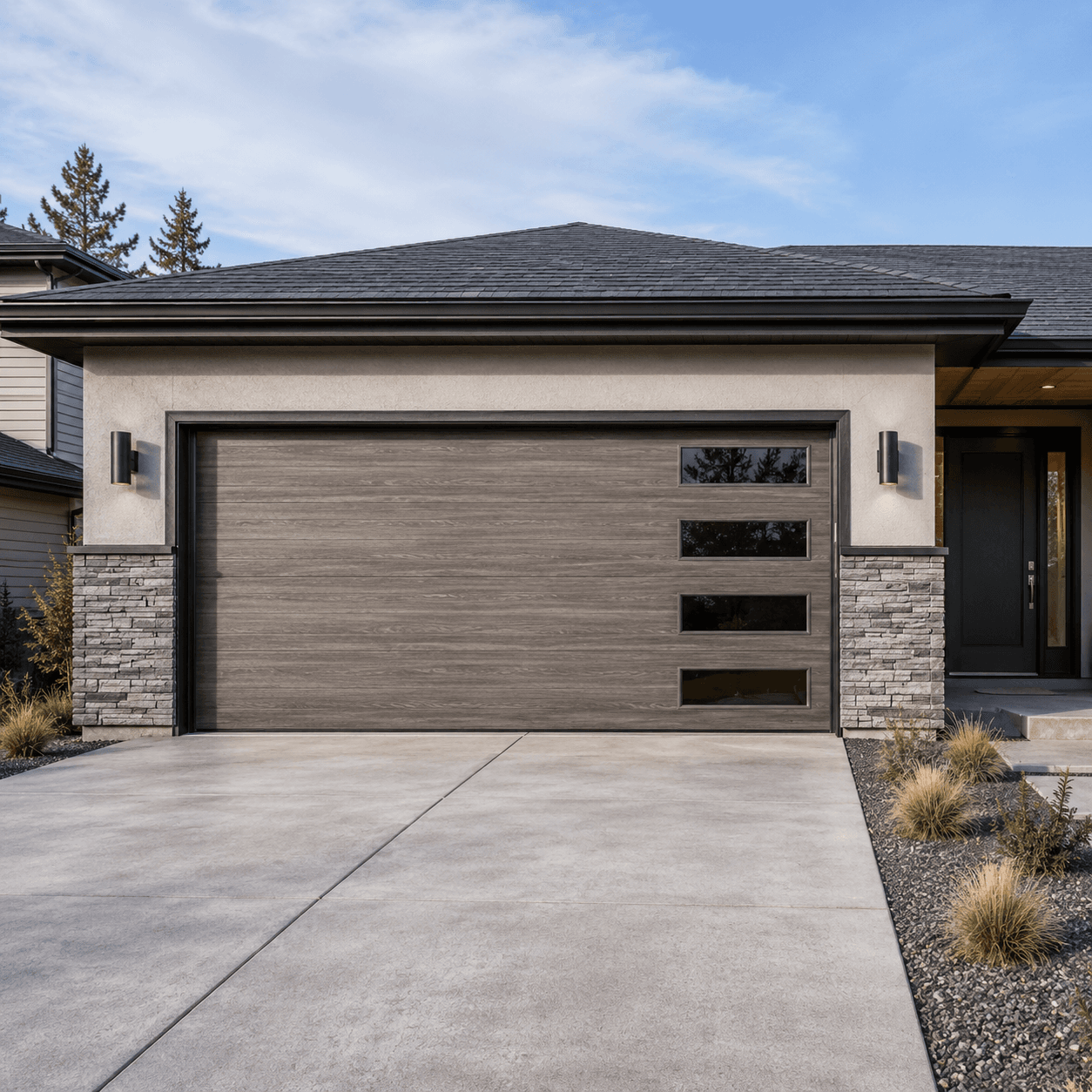 Wood-look steel door with glass inserts on a modern Spokane home