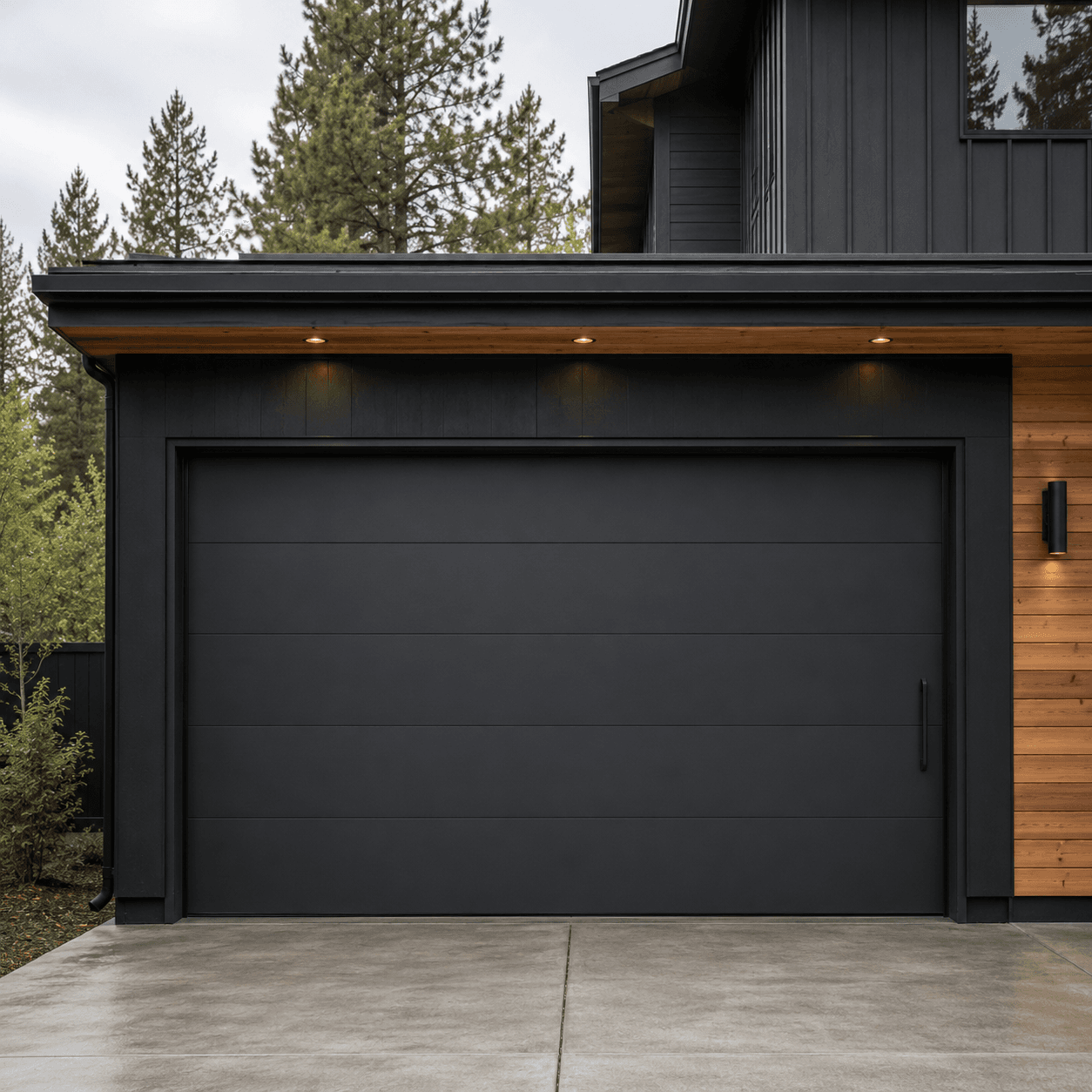 Dark charcoal modern garage door on a contemporary home