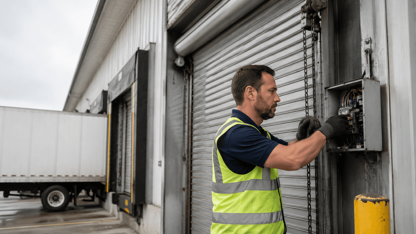 GDS technician servicing a commercial overhead door at a Spokane warehouse loading dock