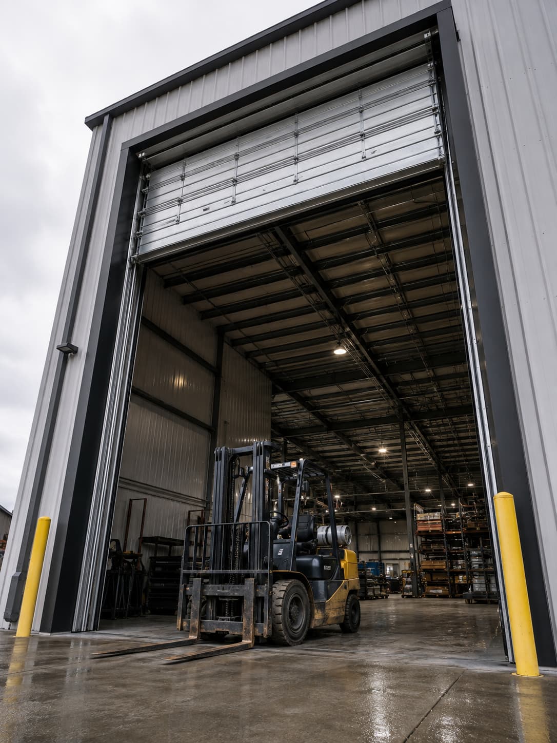 Large commercial door raised to clear a forklift — GDS commercial install