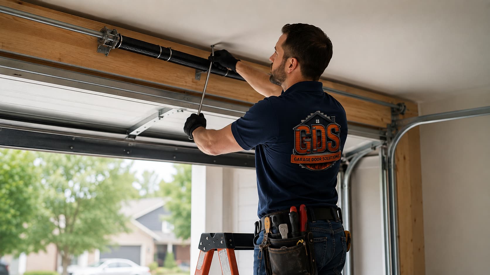 GDS technician replacing a torsion spring above a residential garage door in Spokane
